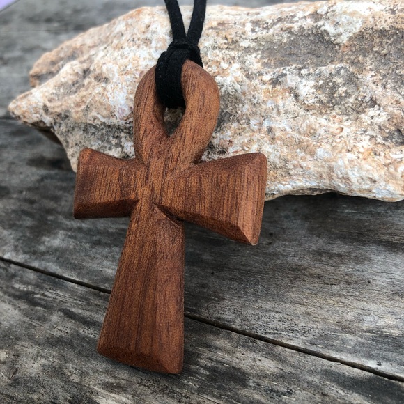 Hand-Carved Mahogany Wooden Ankh Necklace - Picture 4 of 10